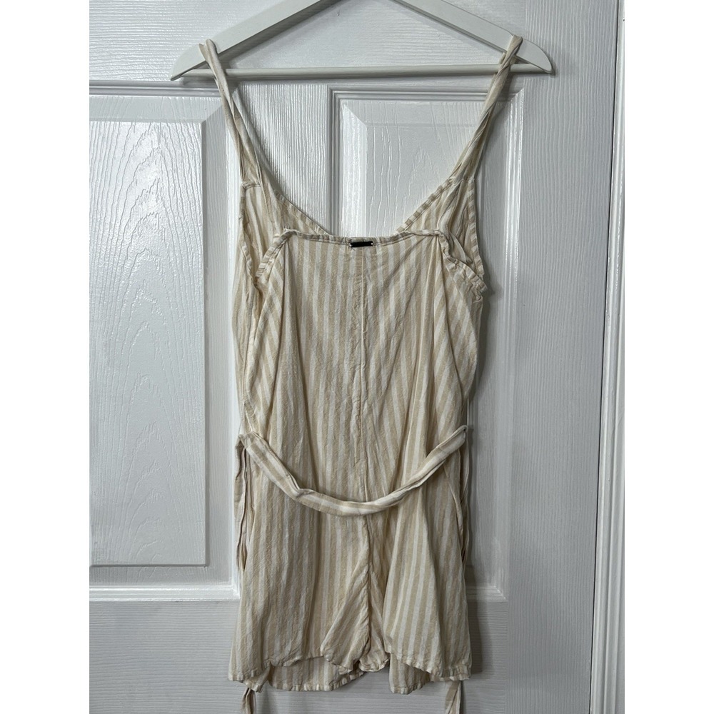Billabong Striped Linen Blend Romper M Boho Coastal Beach Button Front Tie Belt - Picture 4 of 7